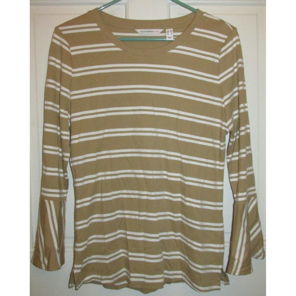 Isaac Mizrahi Live! Women's Tan & White Butterfly Long Sleeve Blouse Size XS